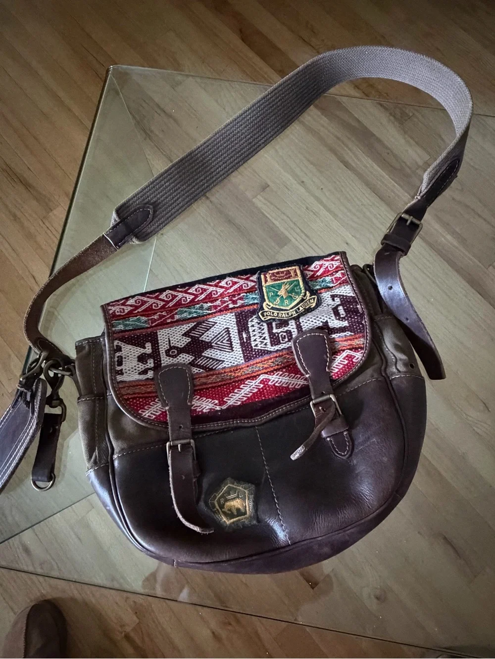 Ralph Lauren Leather Crossbody Saddle Bag with Woven Red Accent